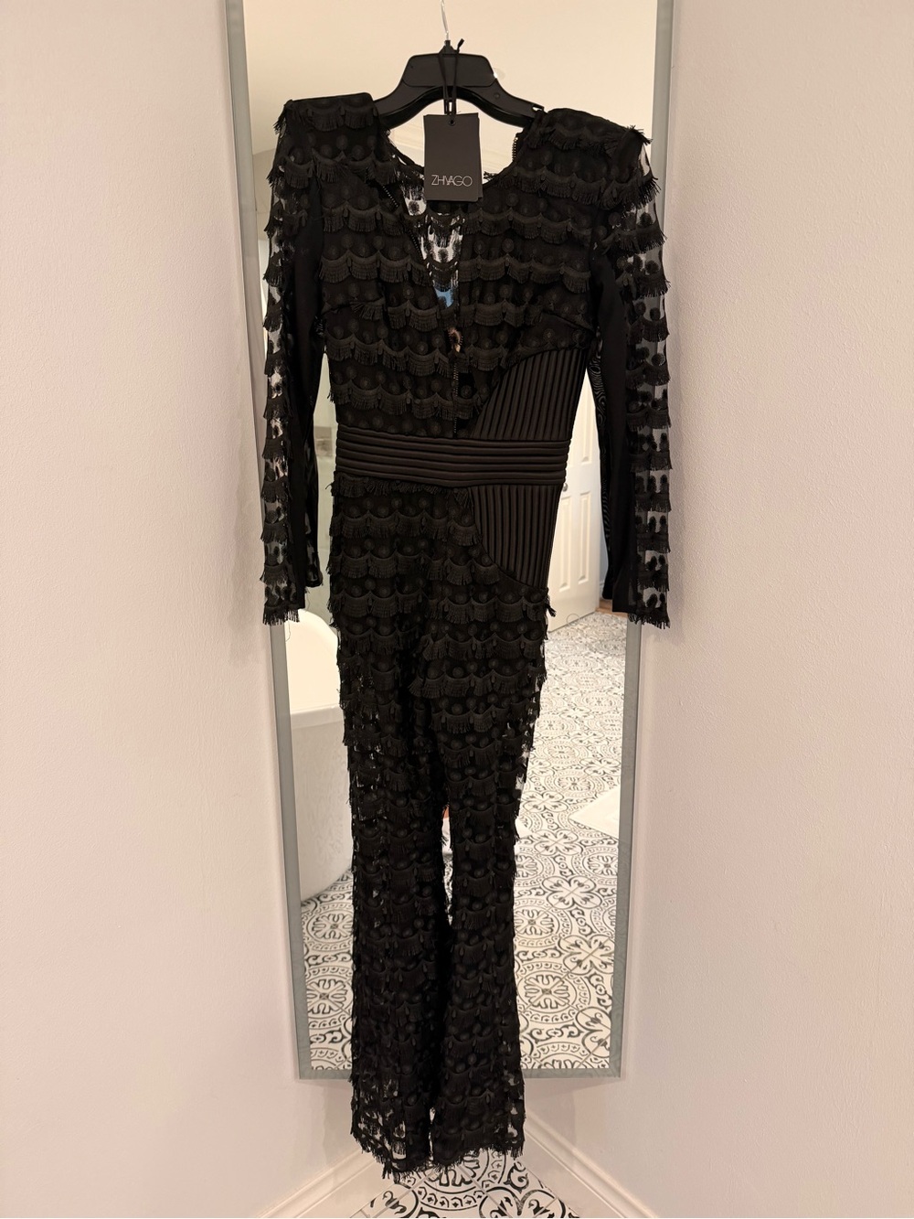 Zhivago Black Textured Scallop-Detail Long-Sleeve Jumpsuit